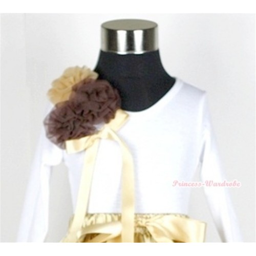 White Long Sleeve Top with Bunch of One Light Brown Two Dark Brown Rosettes& Goldenrod Bow T256 